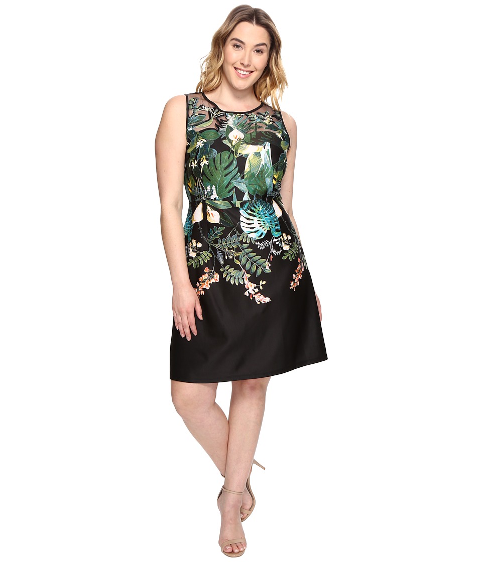 Adrianna Papell Plus Size Leafy Oasis Scuba A-Line Dress with Laser Cut Neckline (Black Multi) Women