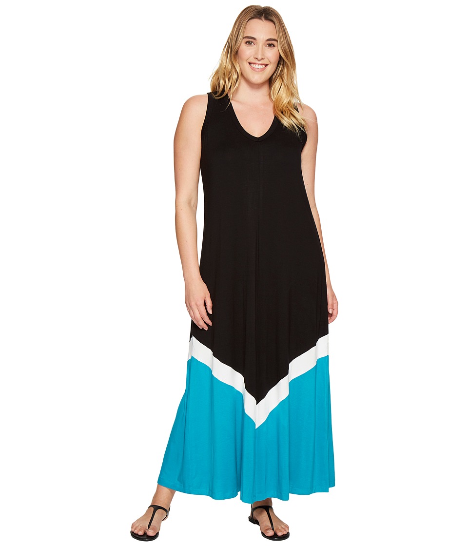 Karen Kane Plus Plus Size Color Block Maxi Dress (Black/Turquoise) Women