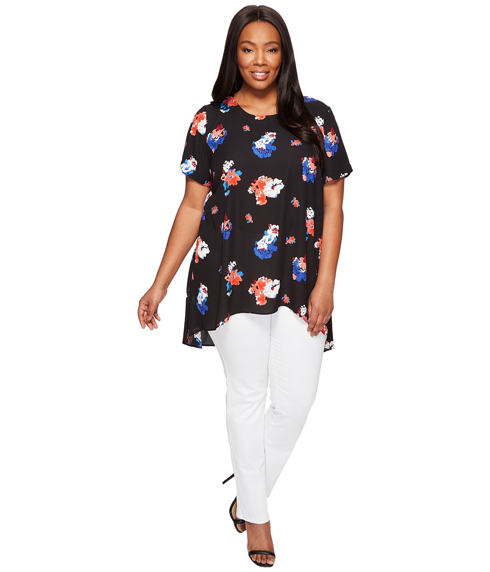 Vince Camuto Specialty Size Plus Size Short Sleeve Travelling Blooms High-Low Hem Blouse (Rich Black) Women