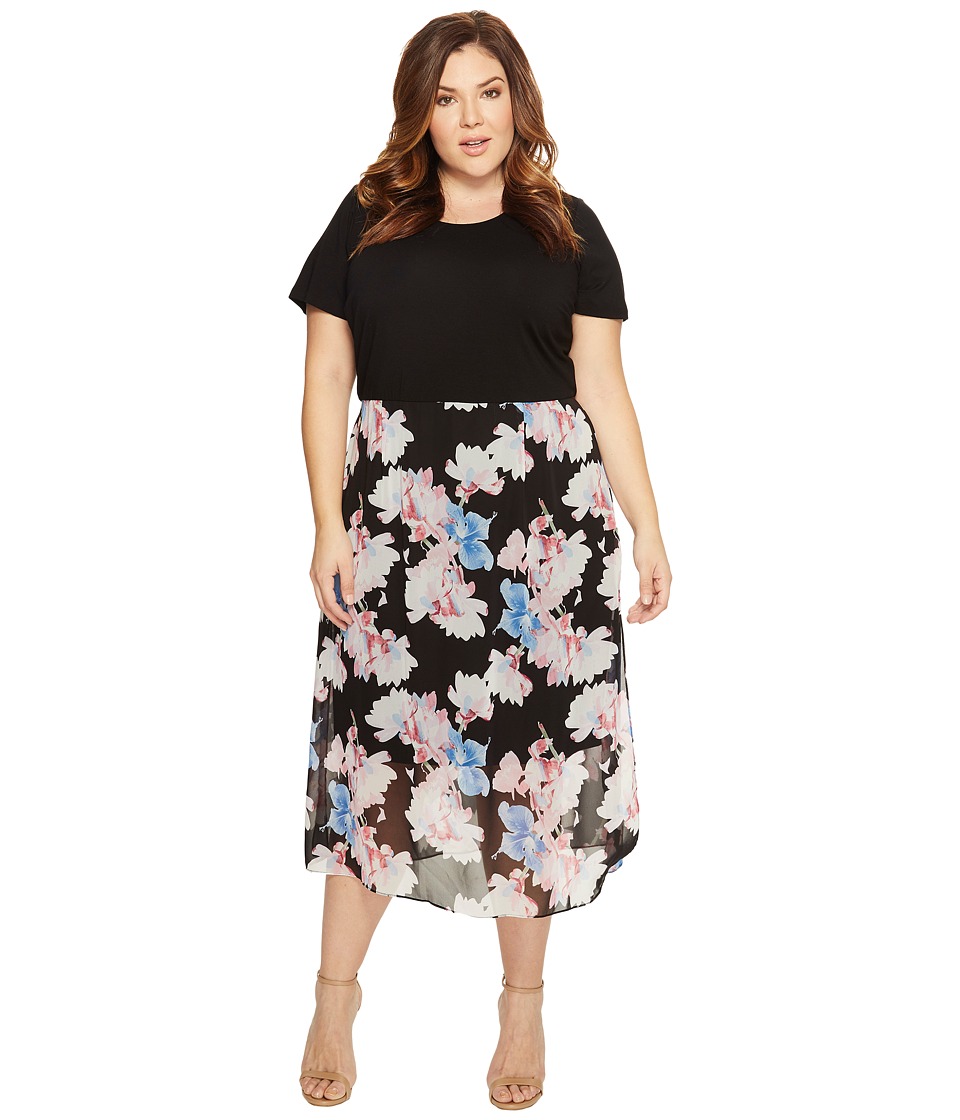 Vince Camuto Specialty Size Plus Size Short Sleeve Poetic Bouquet Chiffon Overlay Dress (Rich Black) Women