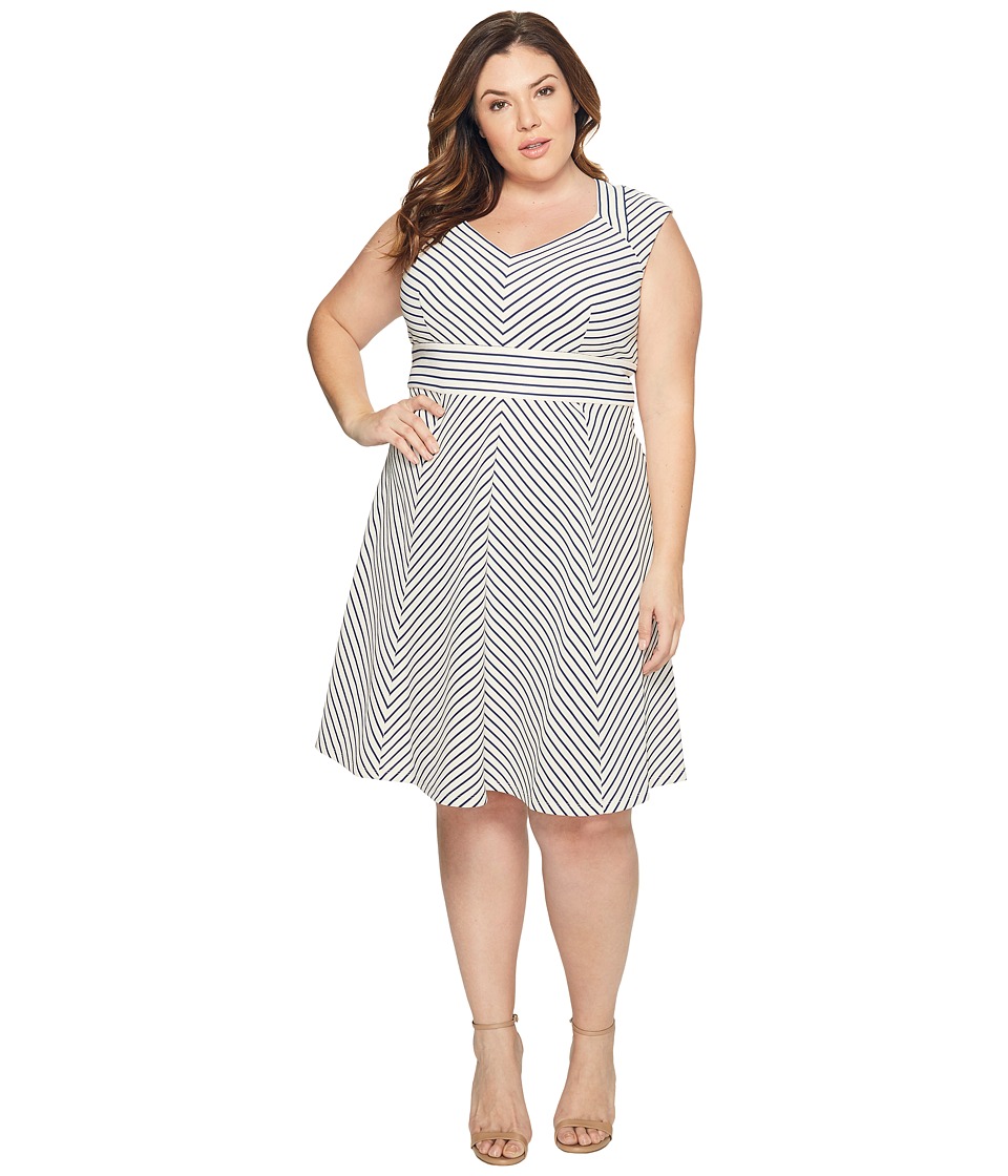 Adrianna Papell Plus Size Cap Sleeve Stripe Fit and Flare (White/Blue Moon) Women