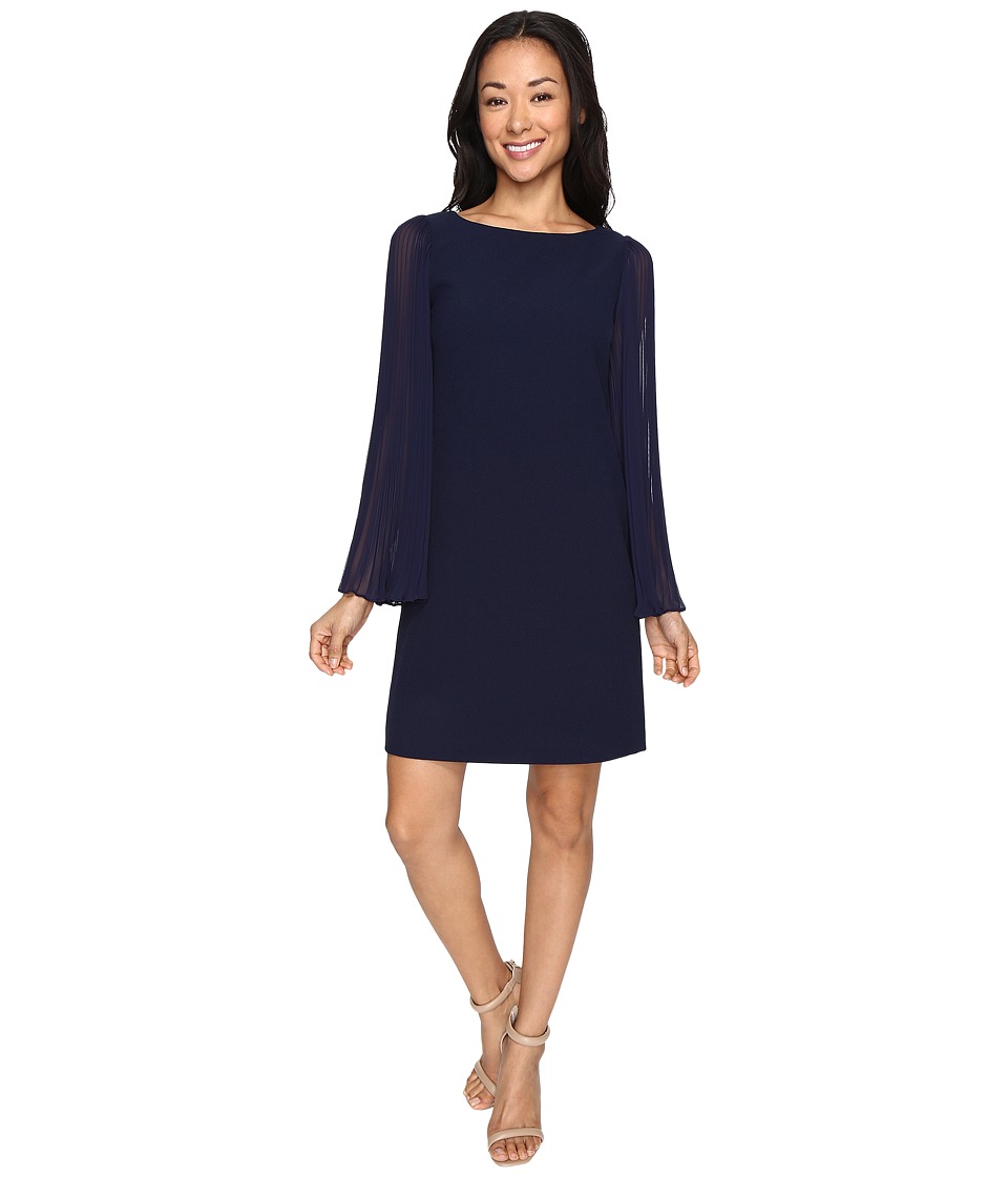 Vince Camuto Crepe Chiffon Shirt Dress w/ Overlay Pleated Sleeves (Navy) Women