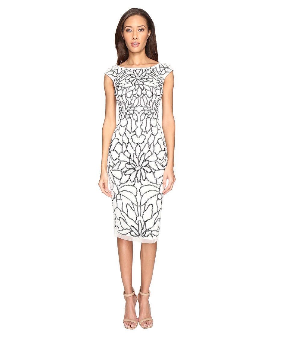 Adrianna Papell Cap Sleeve Flower Beaded Dress (Ivory/Black) Women