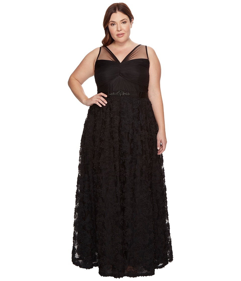 Adrianna Papell Plus Size Sleeveless Long Tule Rosette Ball Gown (Black) Women