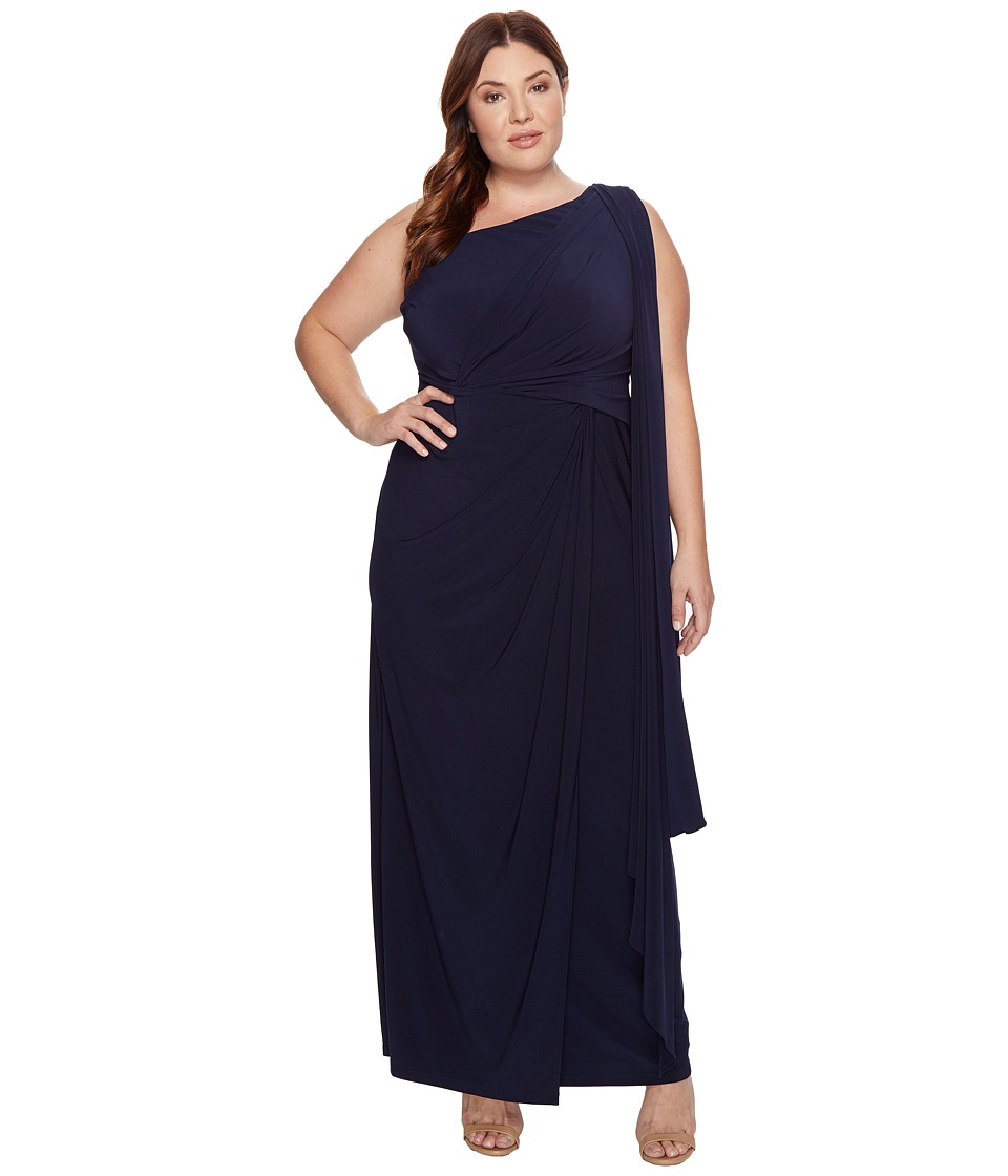 Adrianna Papell Plus Size One Shoulder Jersey Halter Long Gown (Midnight) Women