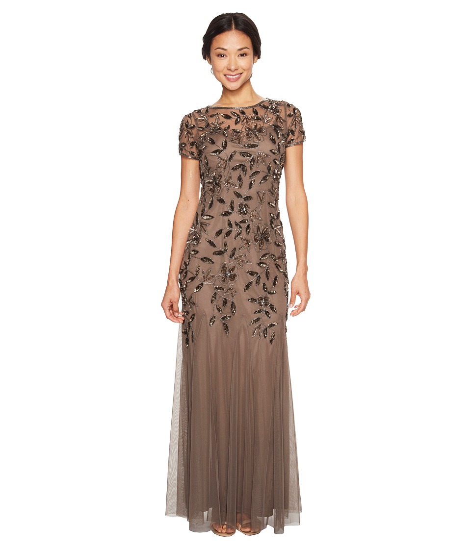 Adrianna Papell Petite Short Sleeve Fully Beaded Floral Motif Gown (Lead) Women