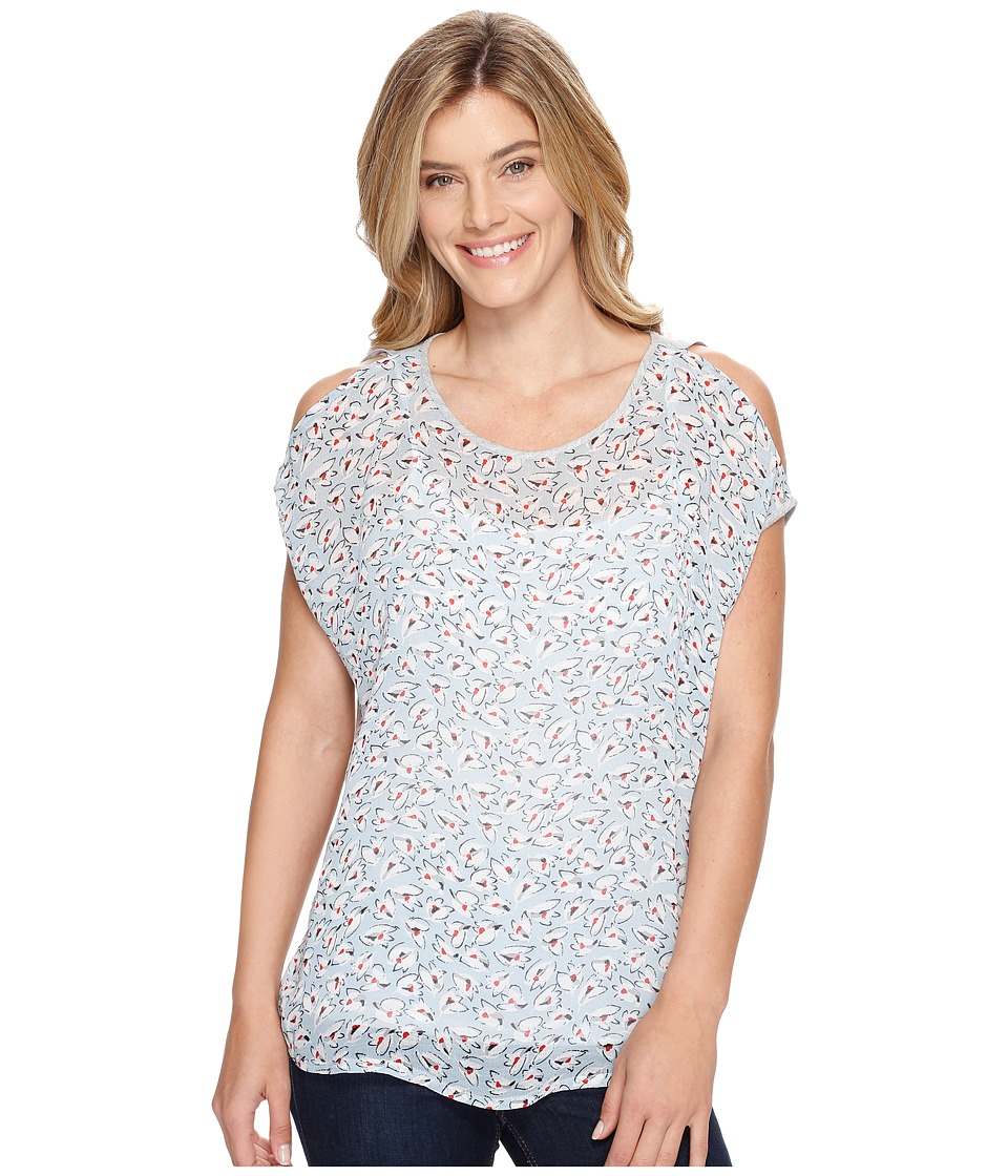 TWO by Vince Camuto Floral Sketches Mixed Media Cold Shoulder Tee (Grey Heather) Women