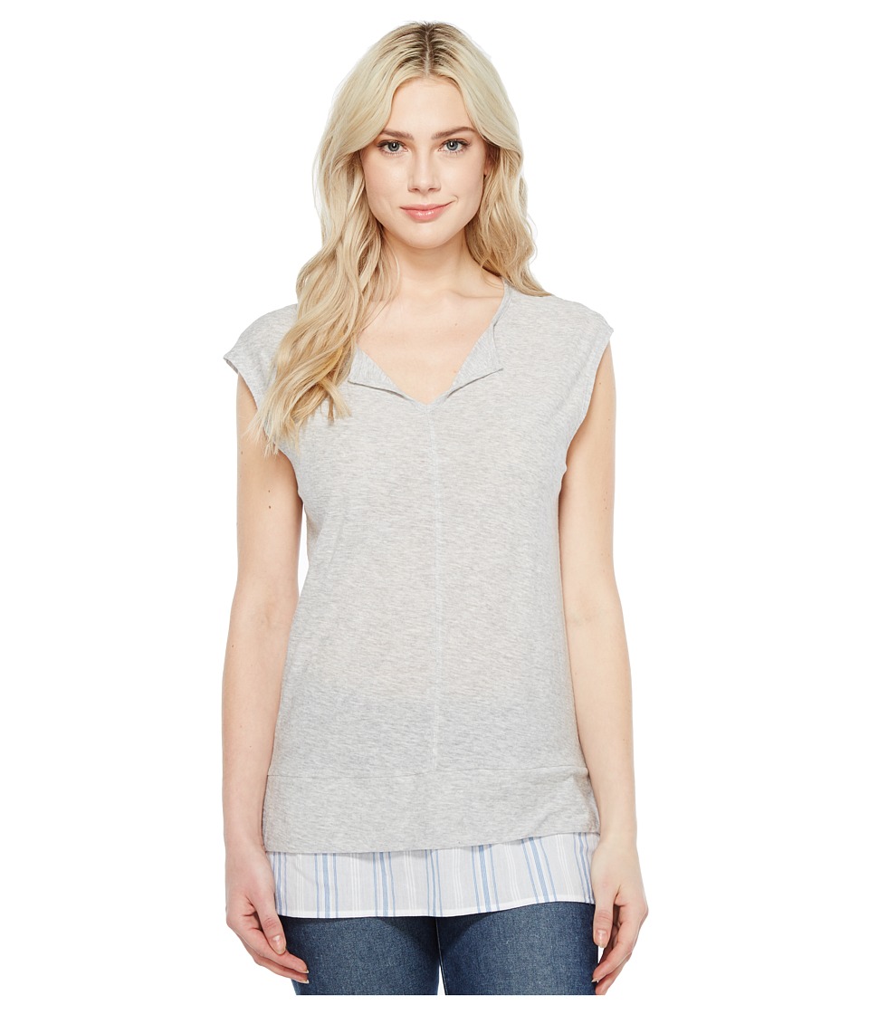 TWO by Vince Camuto Split-Neck Knit Tee w/ Seersucker Shirttail (Grey Heather) Women