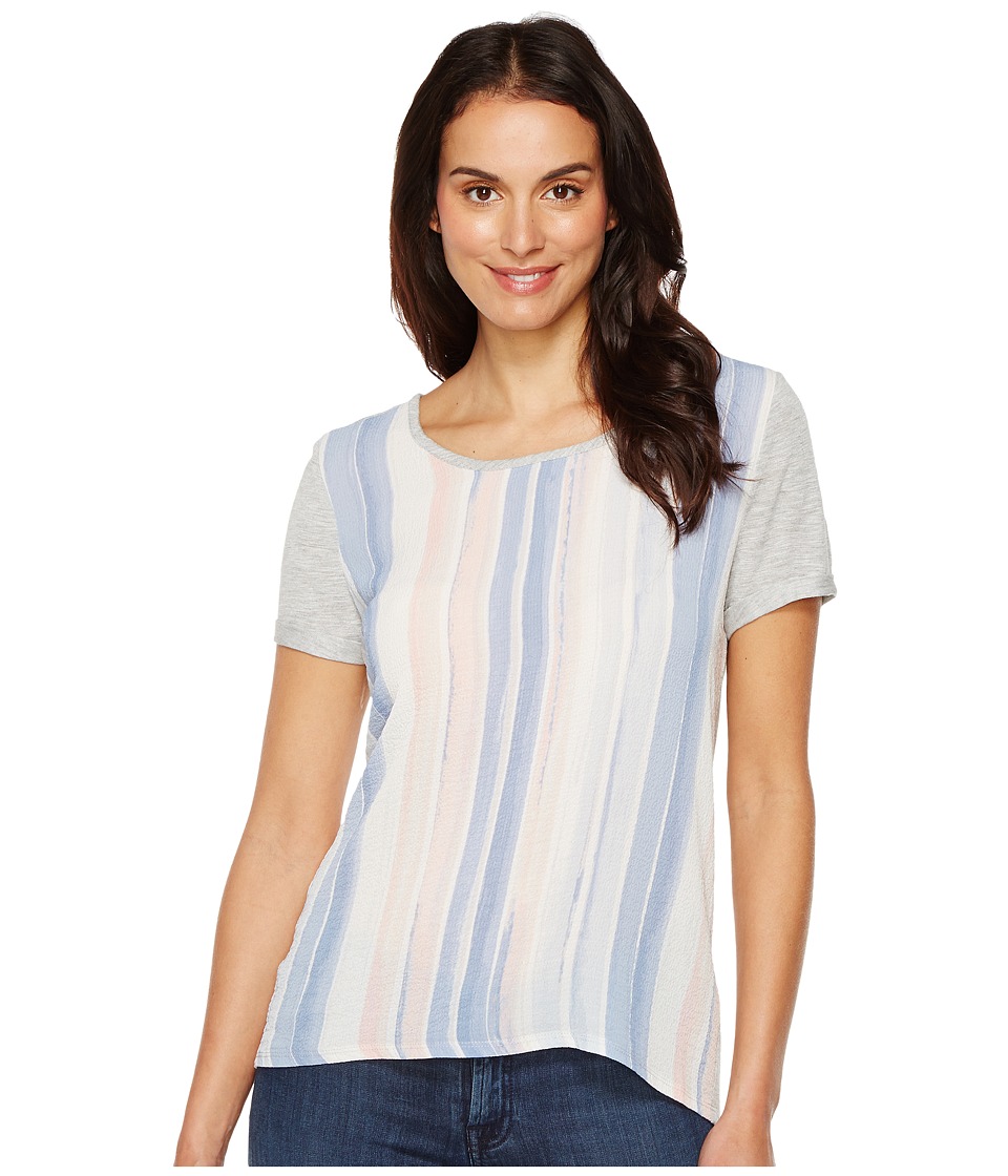 TWO by Vince Camuto Short Sleeve Paintwash Stripe Mixed Media Tee (Grey Heather) Women
