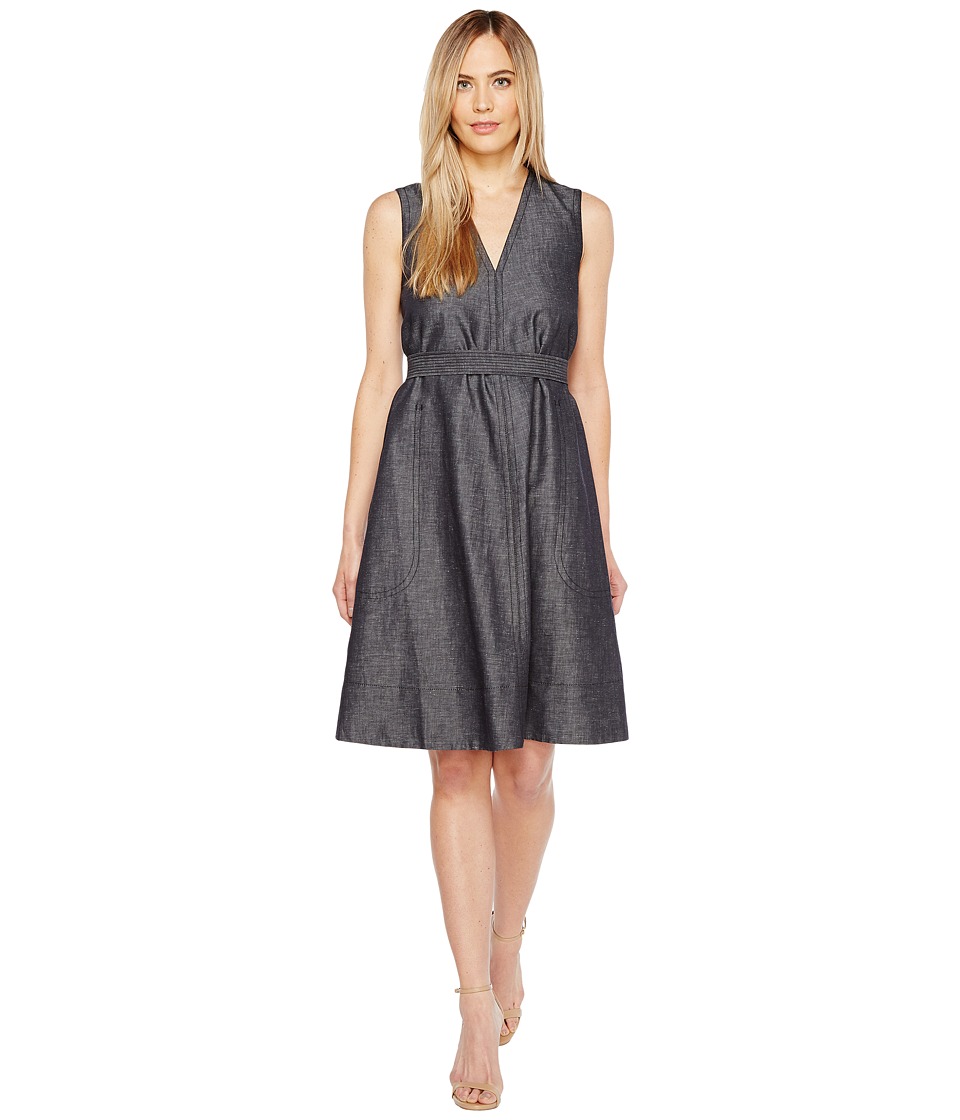 Ellen Tracy Belted Fold Dress (Indigo Denim-Face) Women