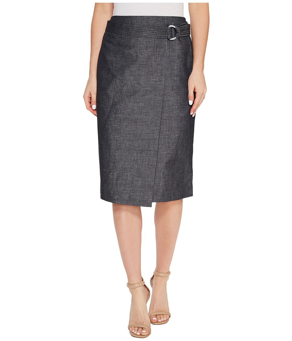 Ellen Tracy Faux Wrap Belted Skirt (Indigo Denim-Face) Women