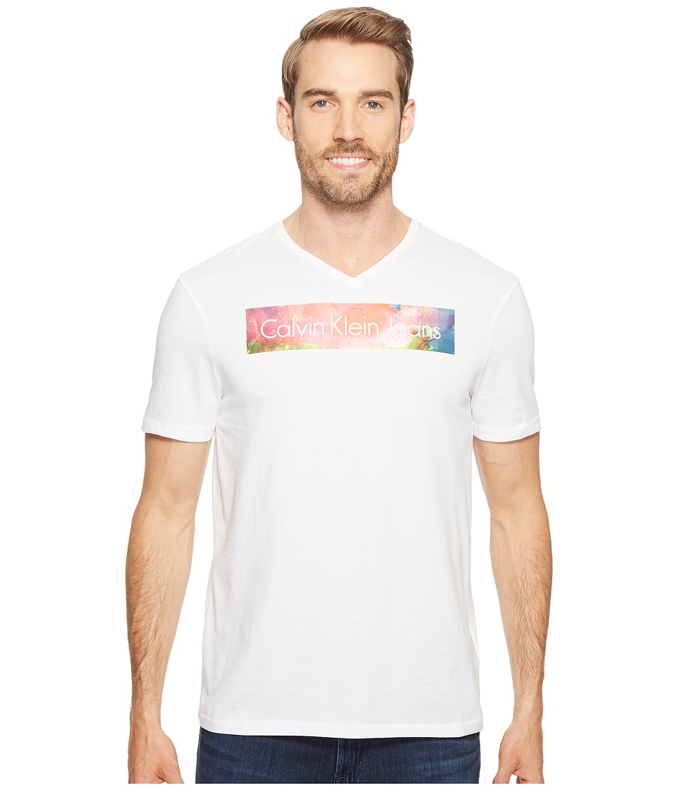 Calvin Klein Jeans Rainbow Logo Bar V-Neck T-Shirt (White Wash) Men