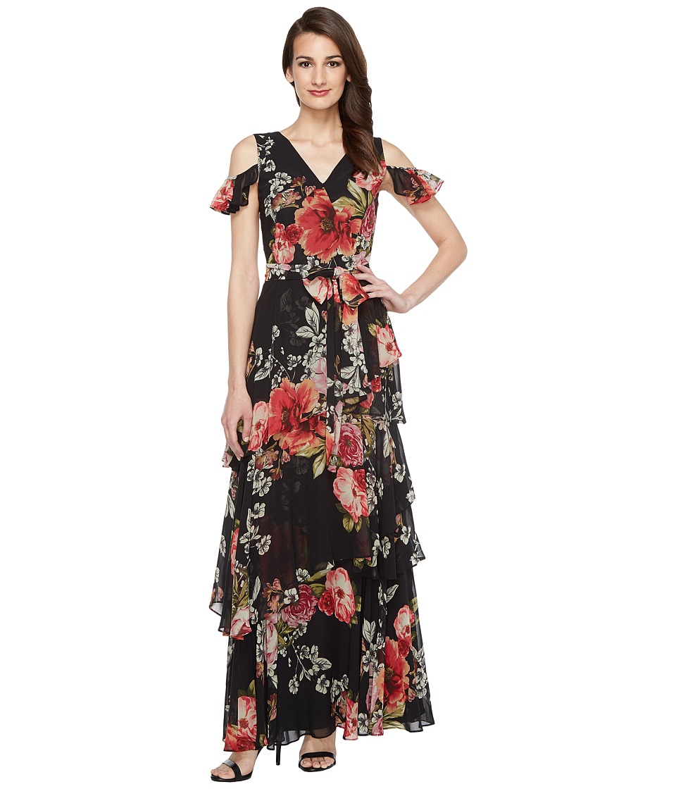 Tahari by ASL Floral Cold Shoulder Chiffon Gown (Black/Sage/Magenta) Women