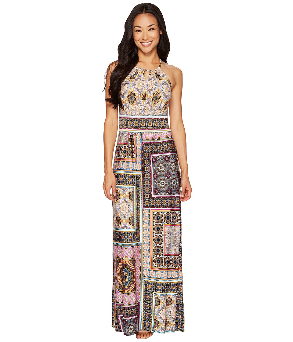 London Times Petite Tile Medley Keyhole Halter Maxi (Multi) Women