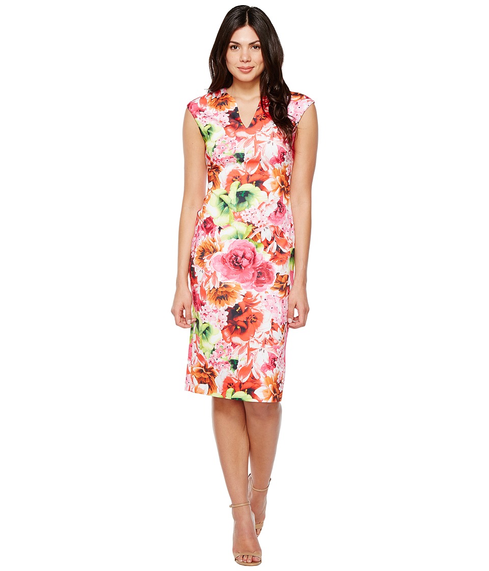 CeCe Floral Tropic Slitneck Scuba Sheath Dress (Azalea Bloom) Women