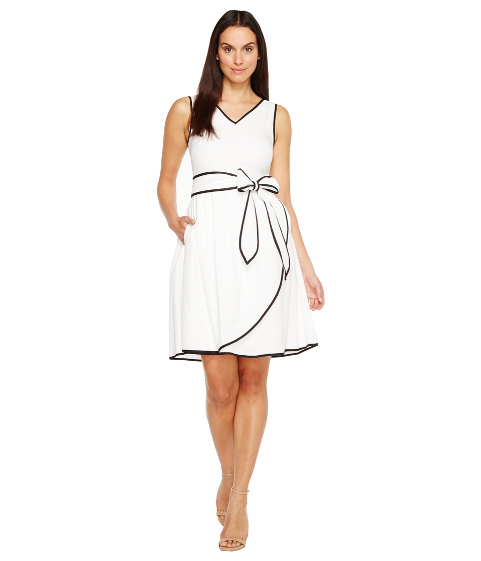 Ellen Tracy Textured Cotton Midi with Black Trim Detail (White) Women