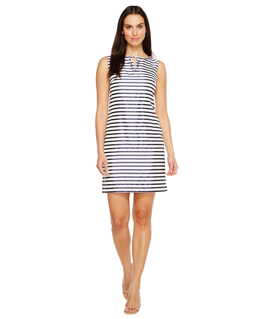 Ellen Tracy Striped Twill Dress with Neckline Embellishment (Navy/White) Women