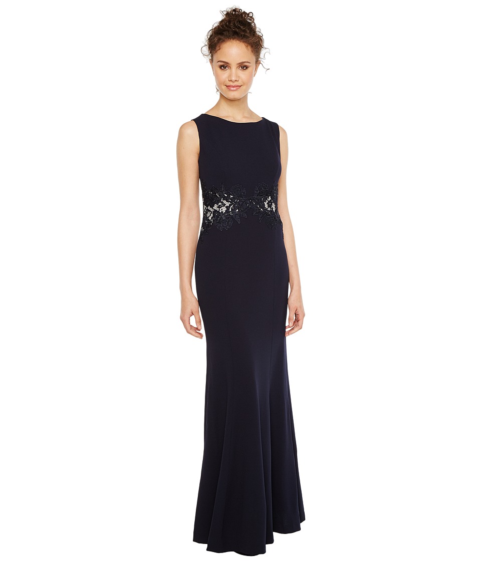 Sangria Solid Crepe Evening Gown with Lace and Illusion Waist Detail (Navy) Women