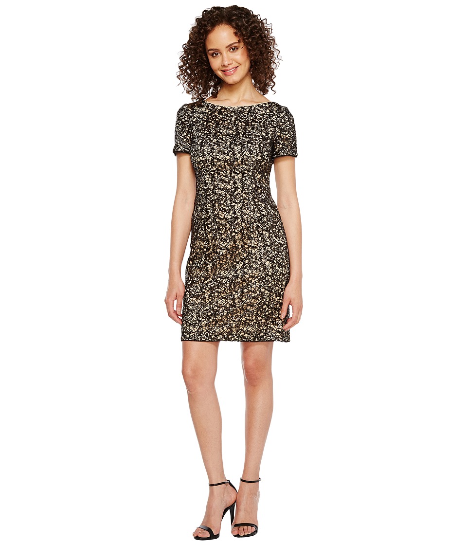 Aidan Mattox Short Sleeve Fitted Cocktail Dress (Black/Nude) Women