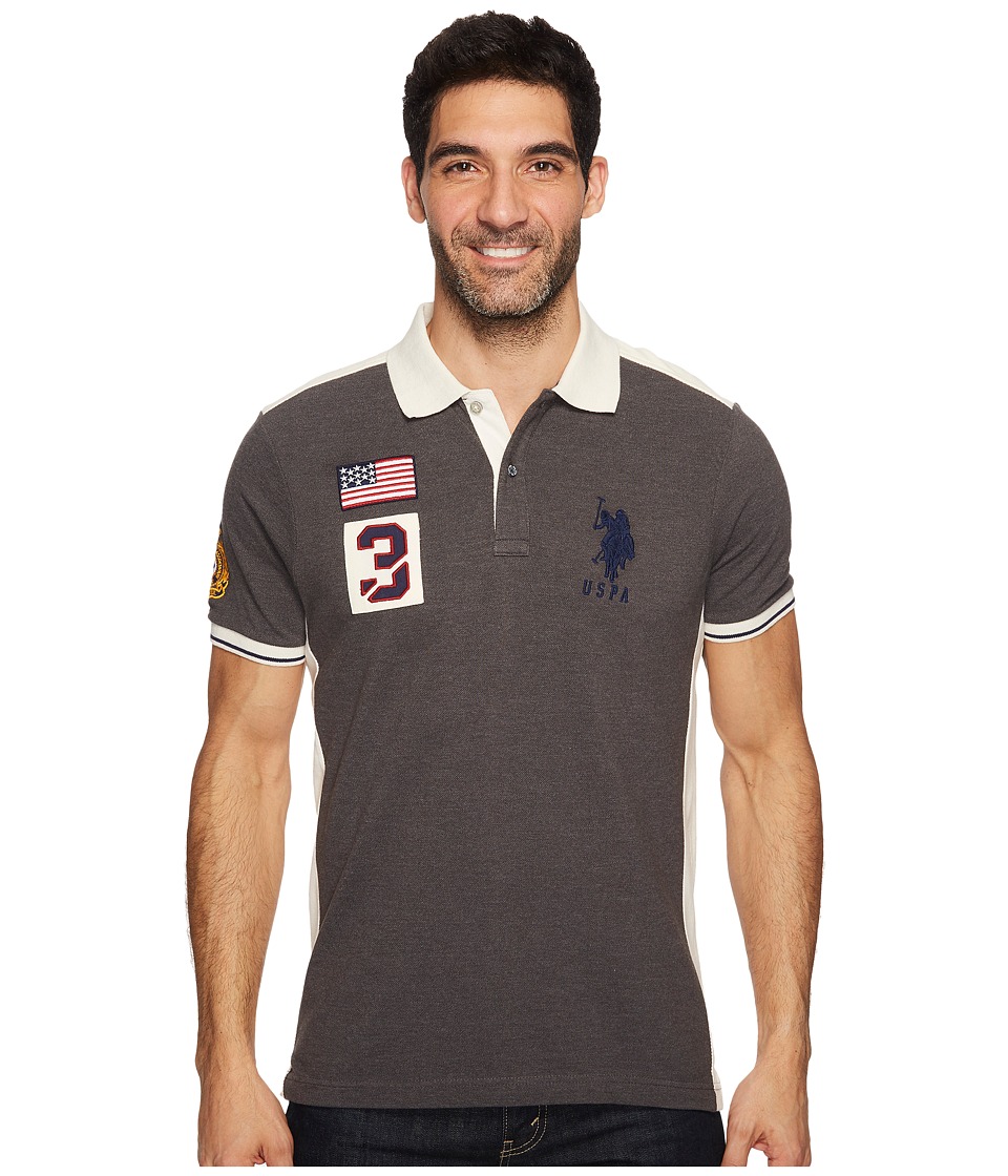 U.S. POLO ASSN. Classic Fit Color Block Short Sleeve Pique Polo Shirt (Dark Heather Grey) Men