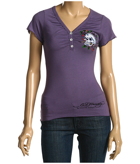 Ed Hardy Love Roses Specialty Button V Neck Tee : Ed Hardy Women's T Shirt