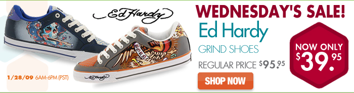 Wednesday 01/28 - Ed Hardy Grind Shoes, regular price $95.95, now only $39.95