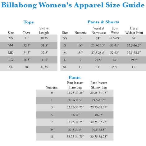billabong shirt size chart