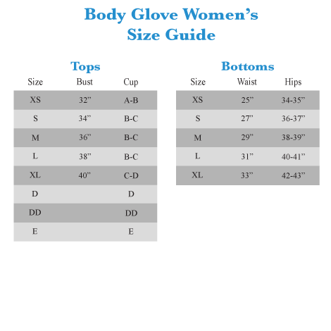 Body Glove Swimwear Size Chart