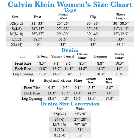 Calvin Klein Top Size Chart