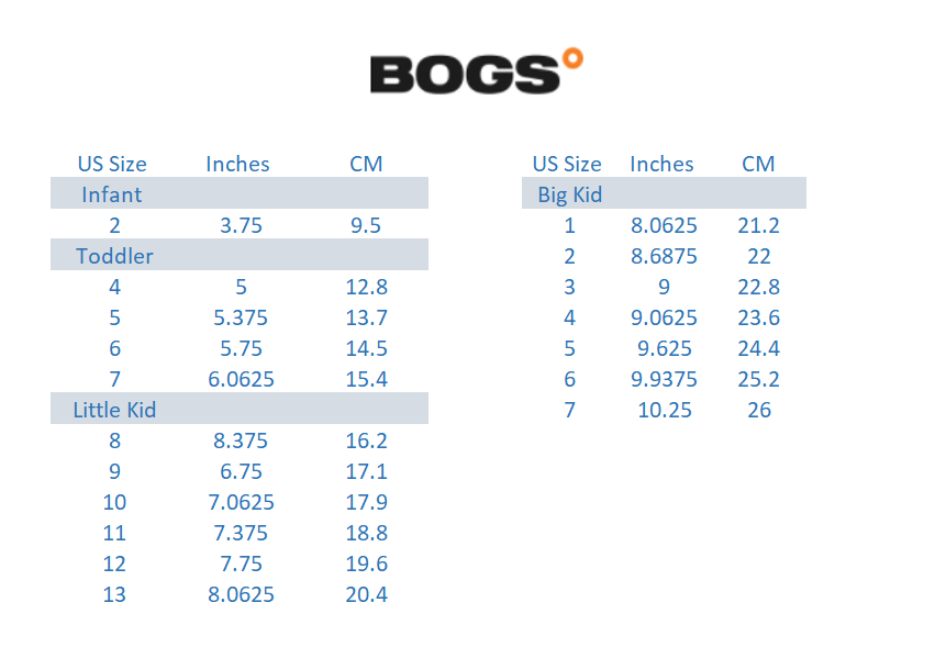 bogs baby size chart