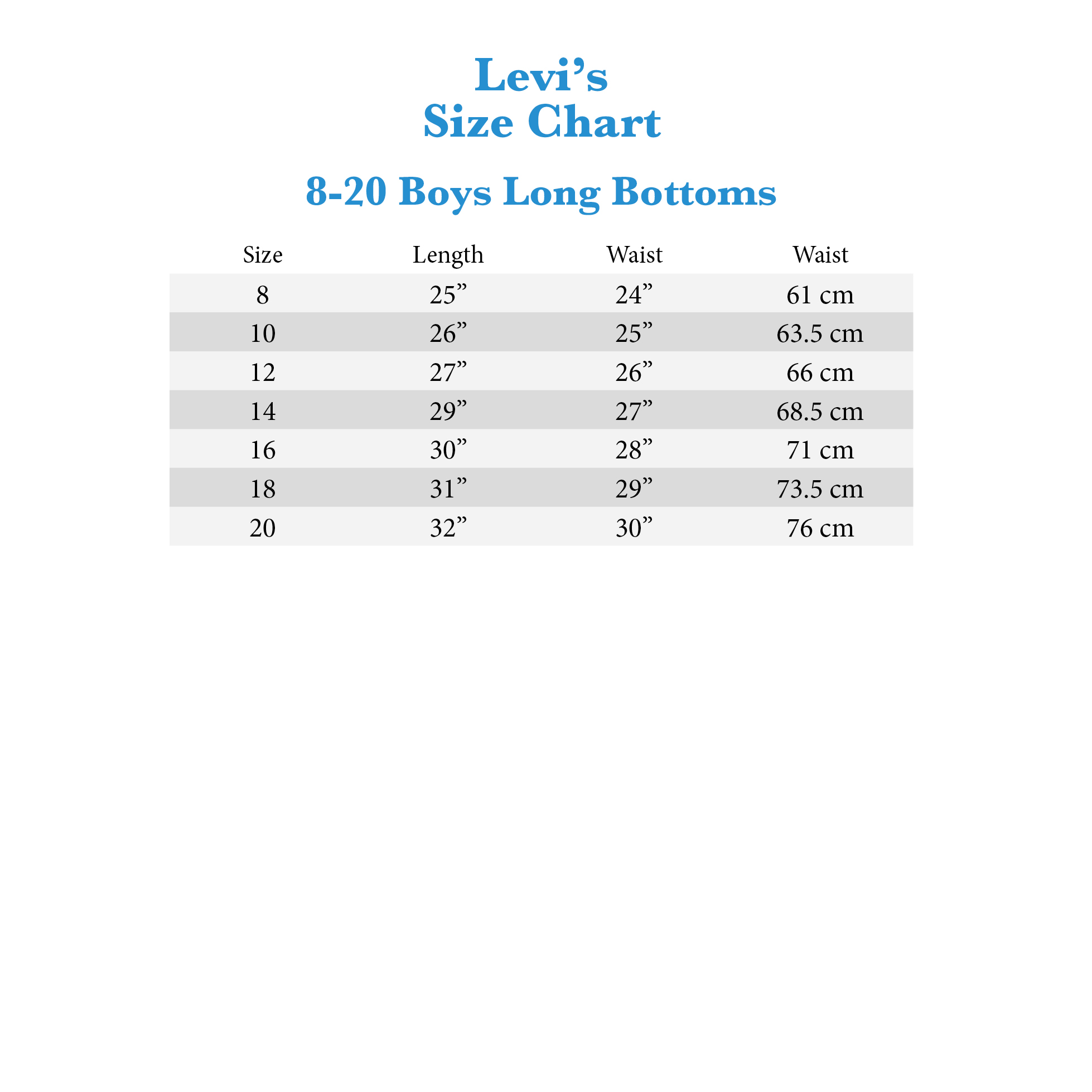 Levi's big boy size chart deals