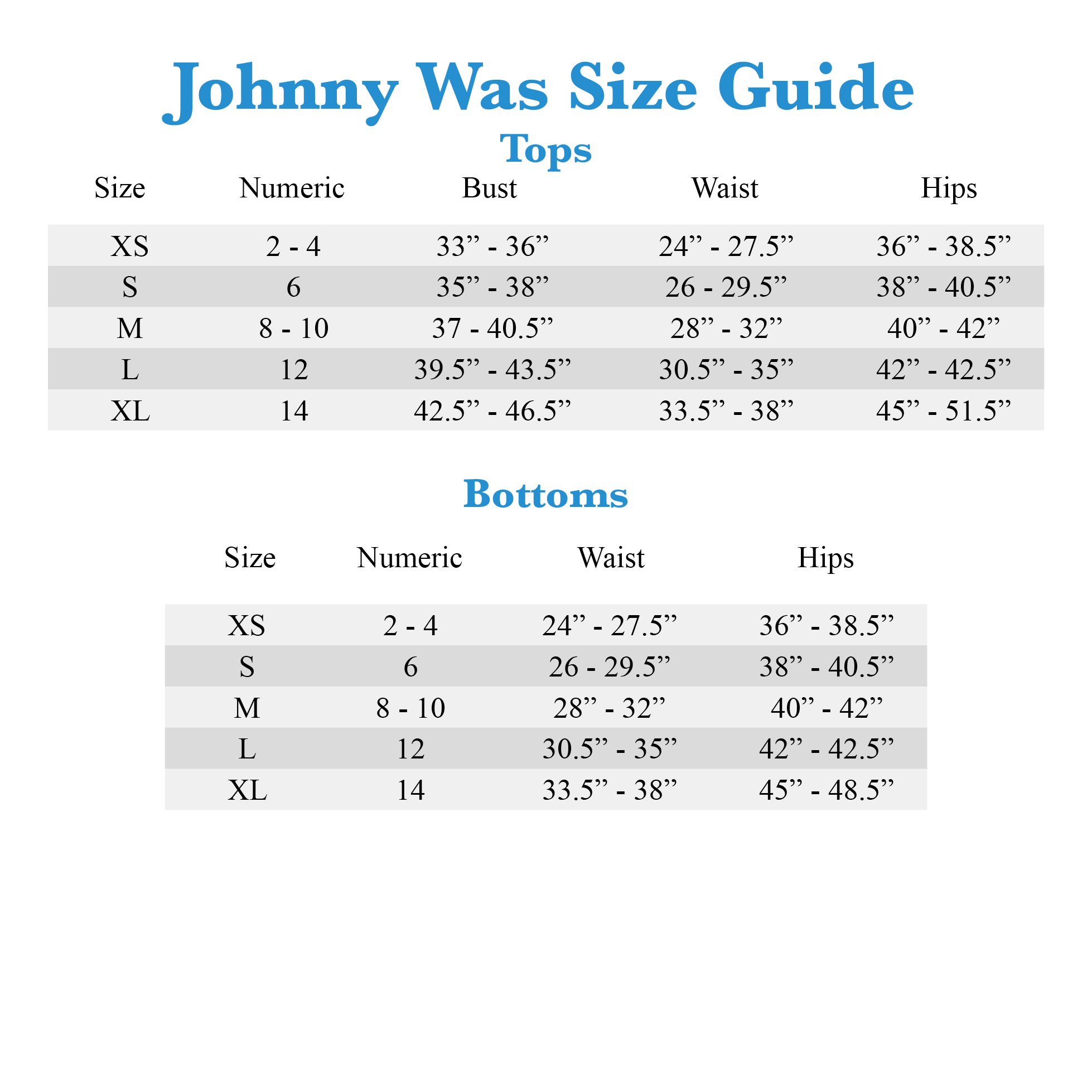 Johnnie B Size Chart