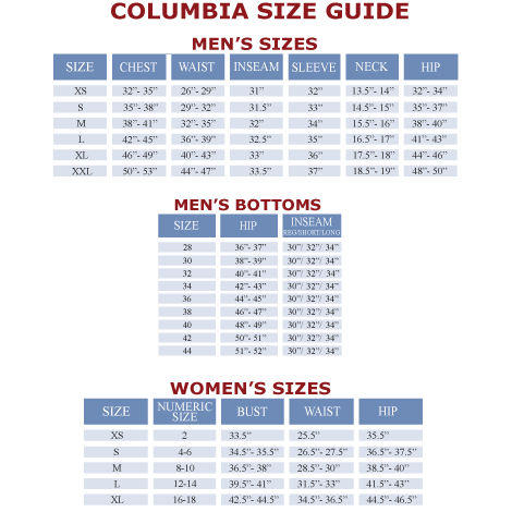 Columbia Pfg Size Chart