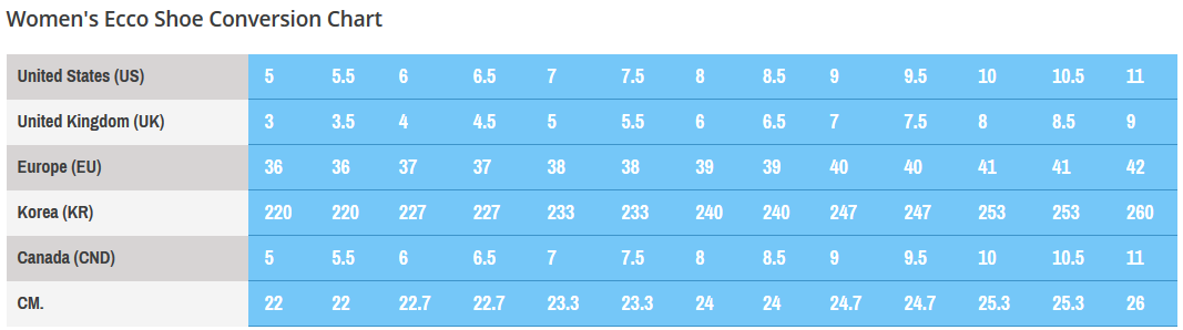 Ecco sandals size deals chart