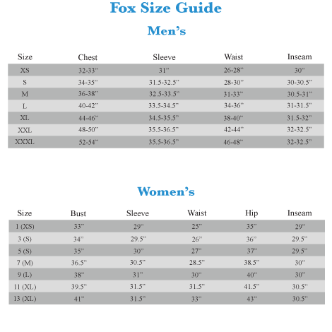 Fox T Shirt Size Chart