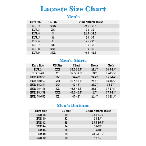 Lacoste Polo Shirt Size Chart