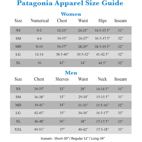 Patagonia Size Chart Women