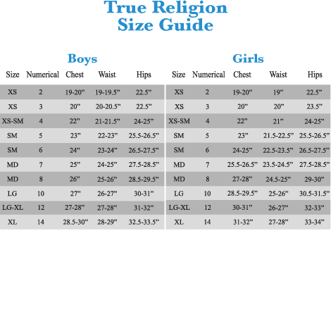 true religion size chart conversion