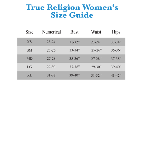 true religion pants size chart