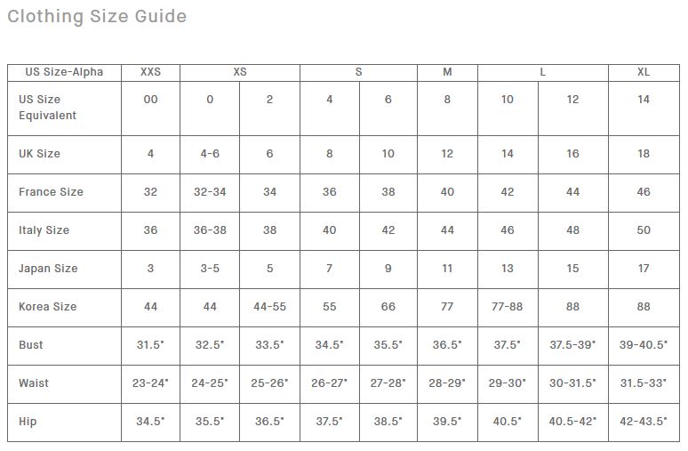 Vince Clothing Size Chart