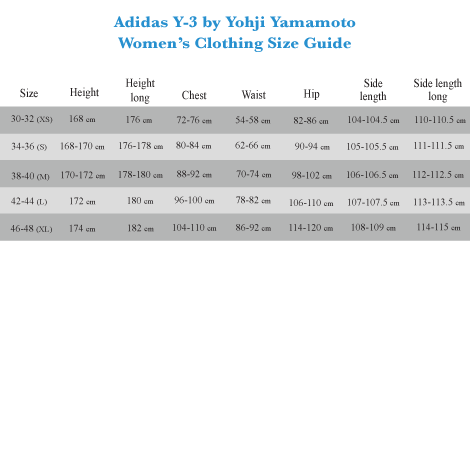 y3 clothing sizing