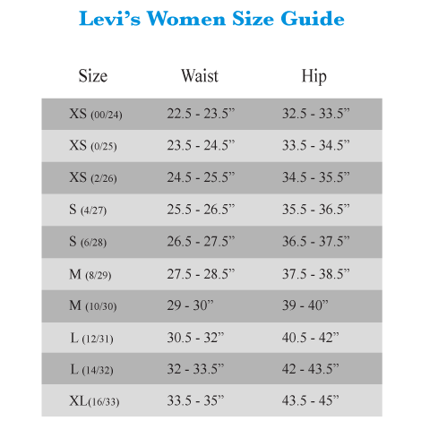 levis ladies jeans size chart