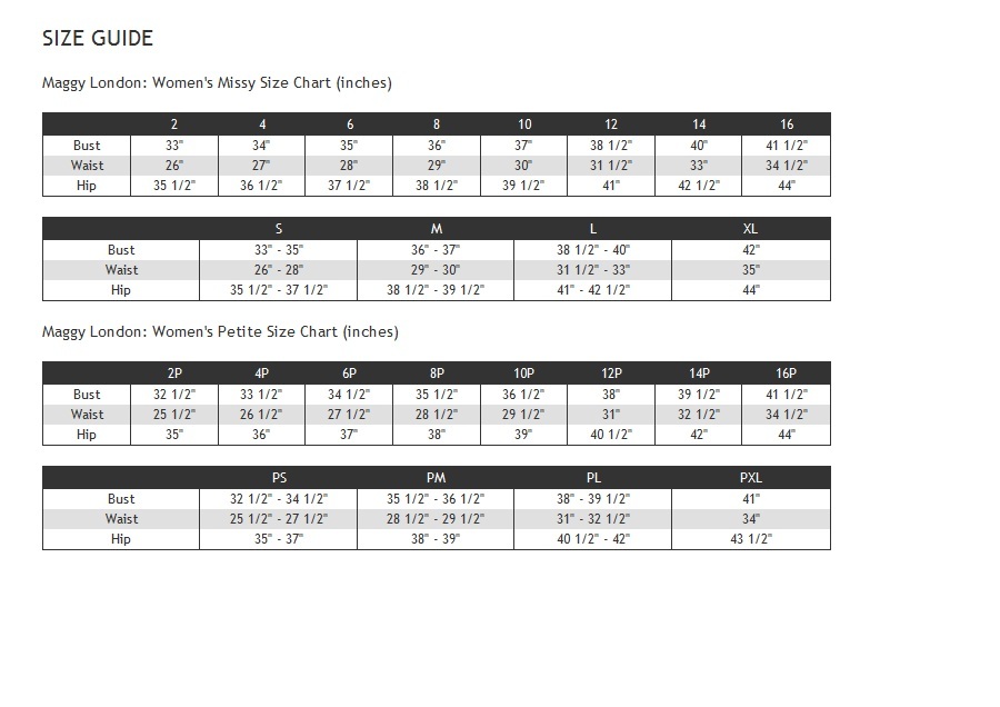 Maggy London Dress Size Chart