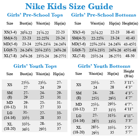 nike youth sports bra size chart