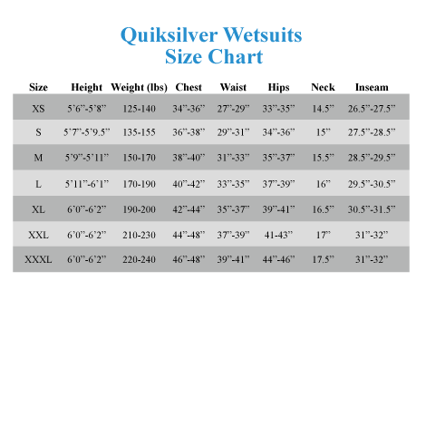 quiksilver t shirt size chart