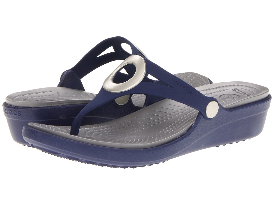 Crocs Sanrah Wedge Flip Flop Womens Sandals (Navy)