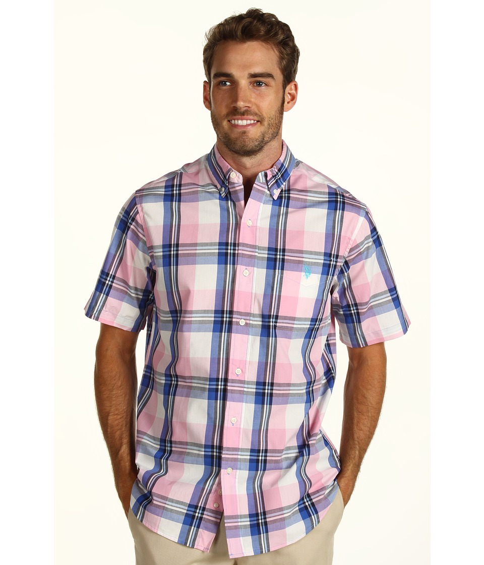 U.S. Polo Assn Classic Fit Woven Shirt W/ Plaid Pattern Mens Short Sleeve Button Up (Pink)