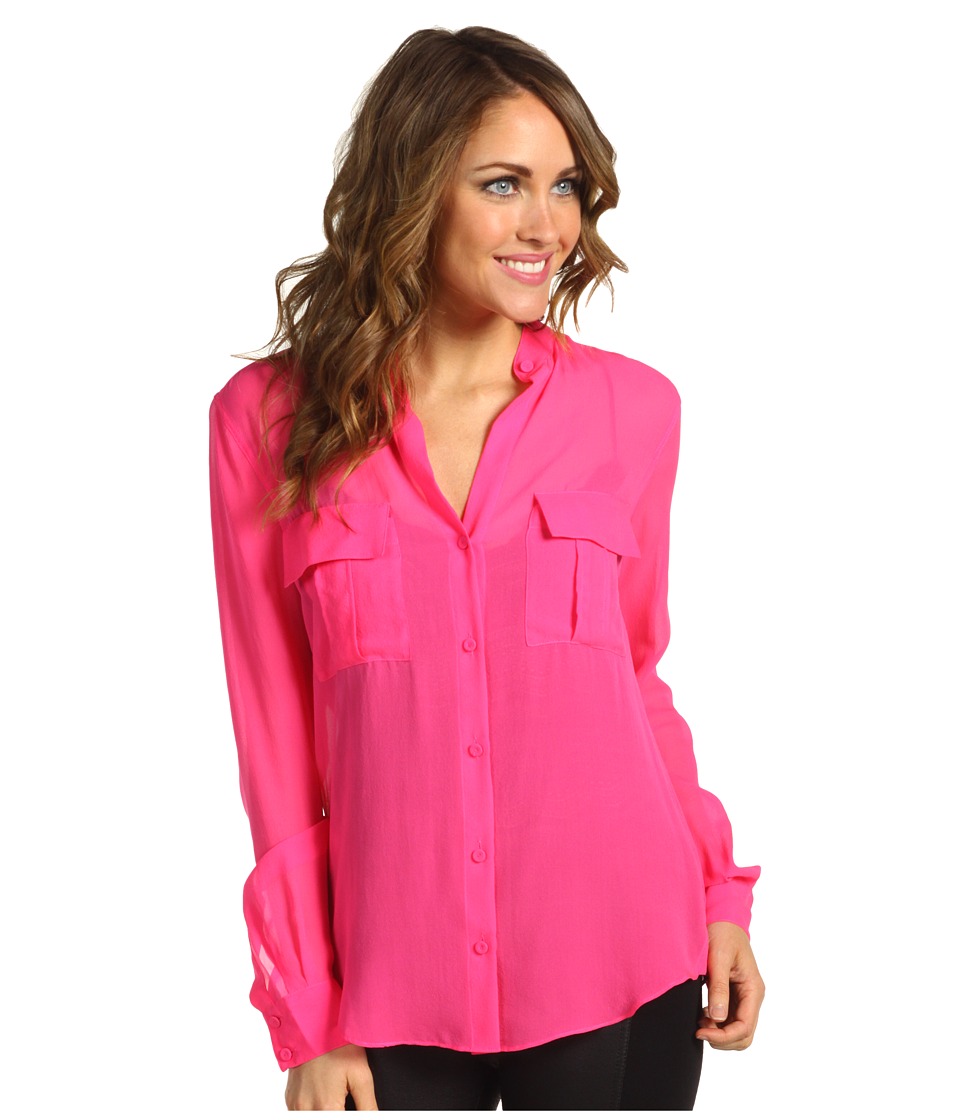 BCBGMAXAZRIA Anderson Pocket Blouse Womens Long Sleeve Button Up (Pink)