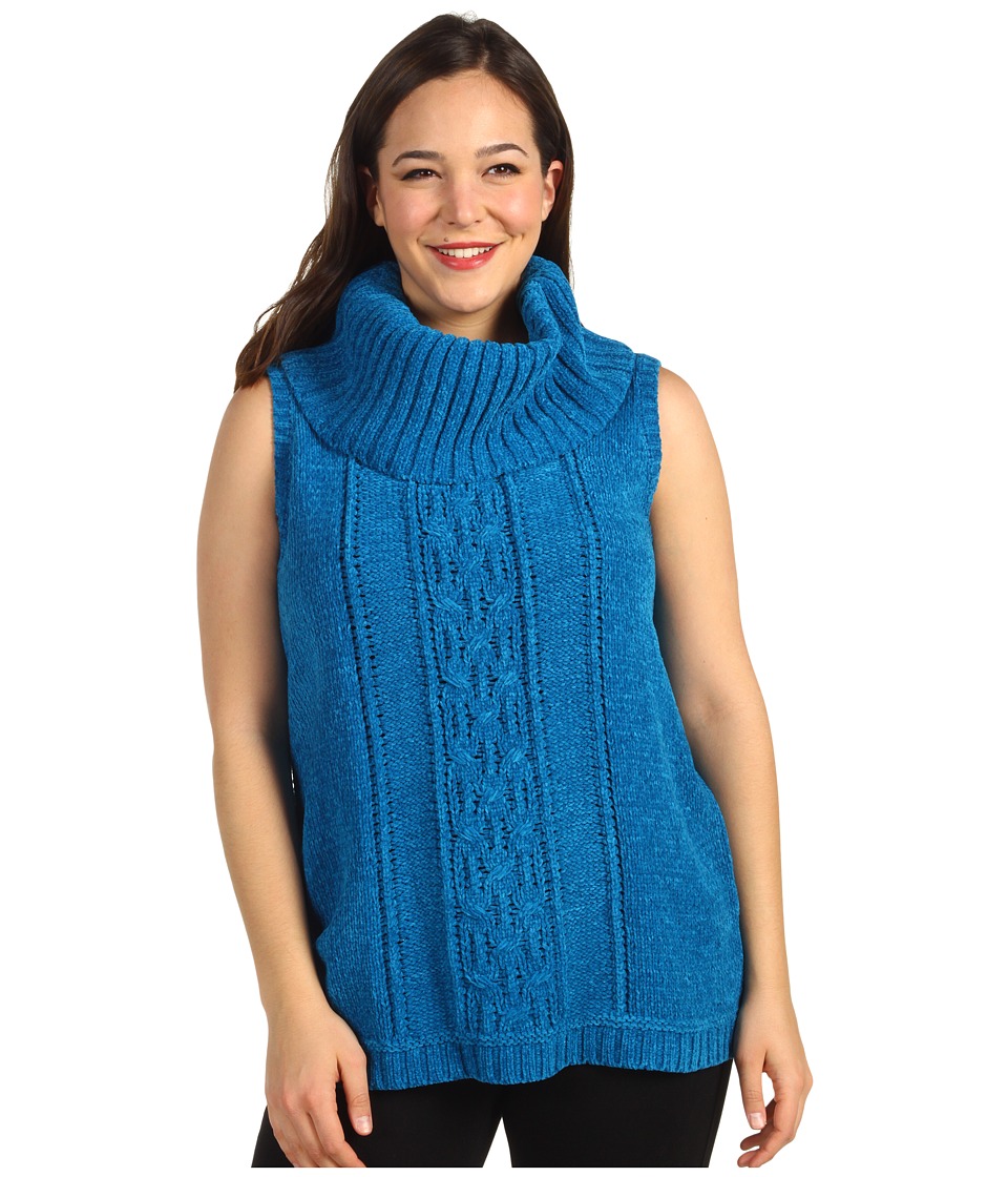 Anne Klein Plus Size Sleeveless Cowl Neck Cable Pullover Womens Sleeveless (Blue)