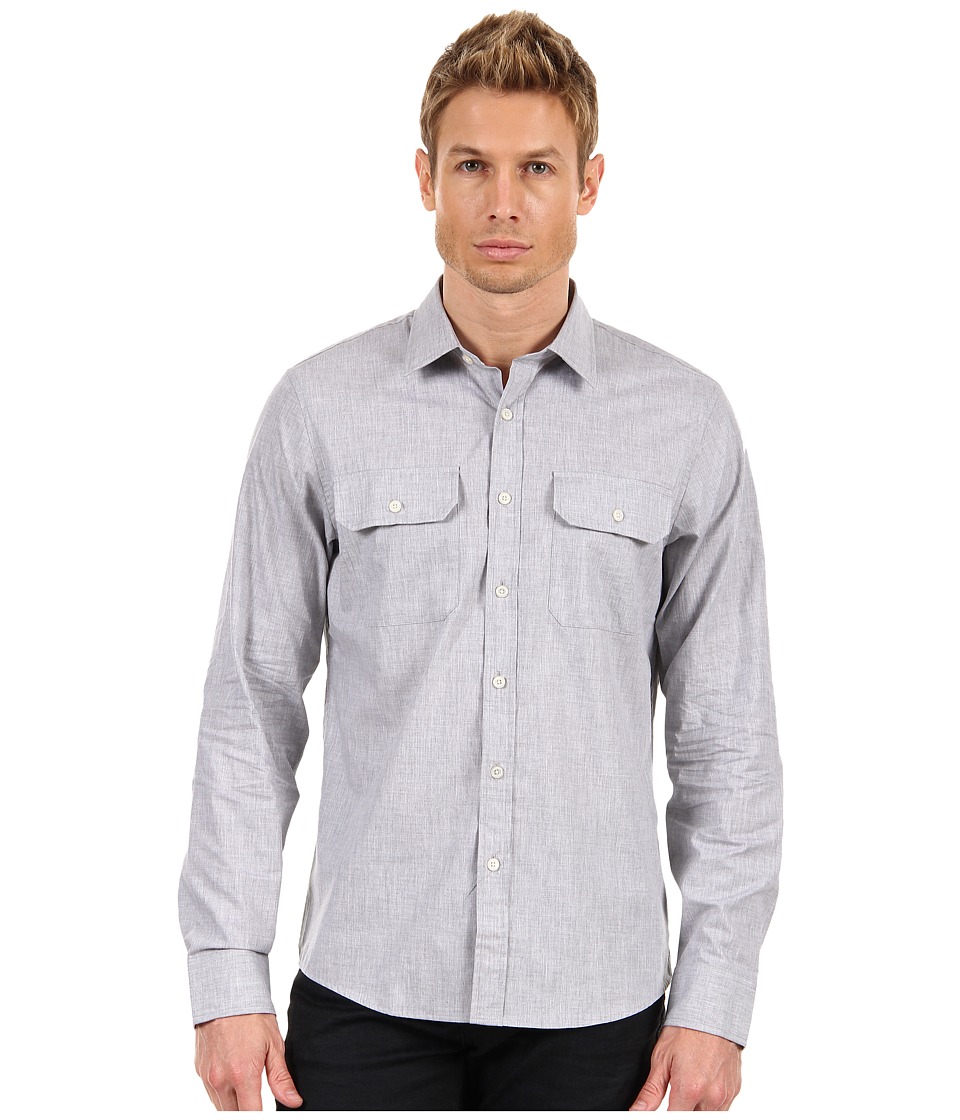 Michael Kors Collection Heathered 2 Pocket Shirt Mens Long Sleeve Button Up (Gray)